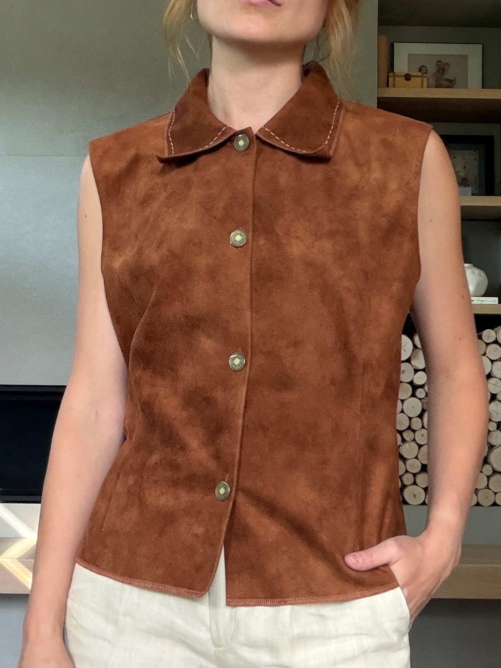 Vintage faux suede Sleeveless Brown Button-Front Vest medium